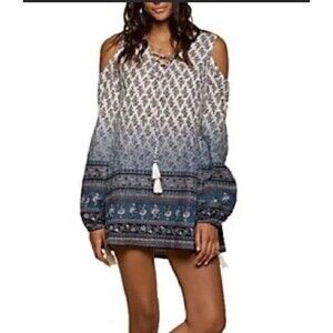 NEW RAGA Night Bloomer Mini Tunic Dress Womens SM Blue Ombre Tassel Boho Gypsy